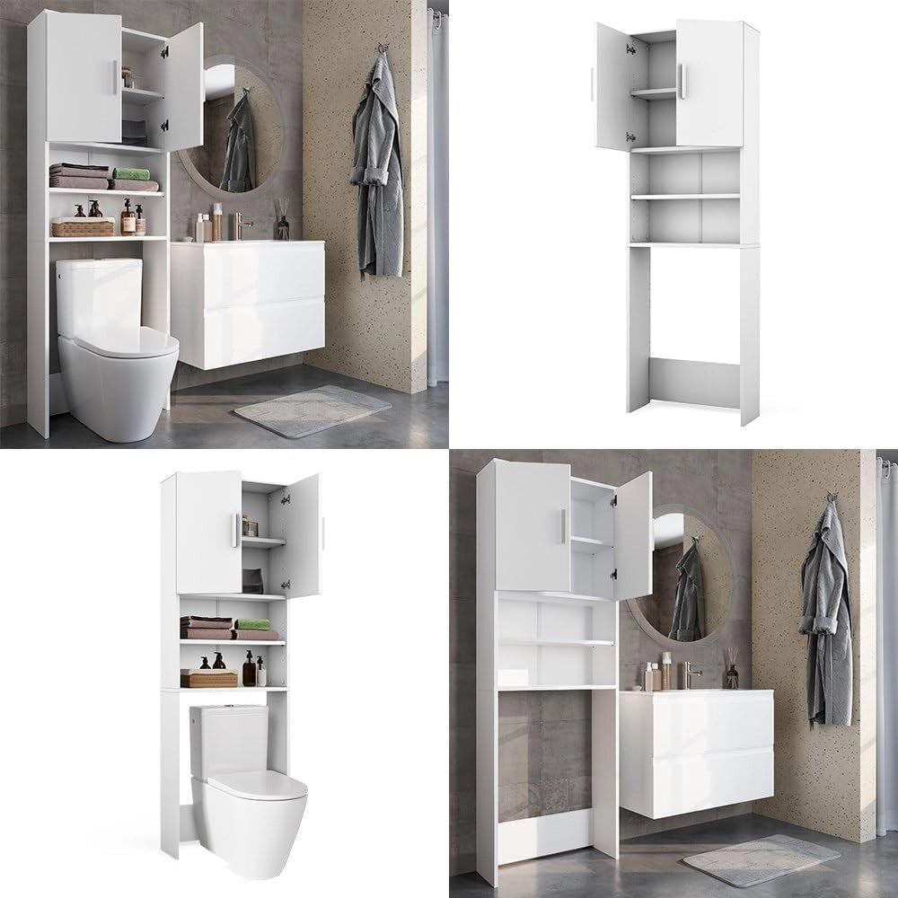 Armadietto per toilette, Bianco, 64 x 190 cm con 2 porte, per riporre articoli da bagno sopra il WC