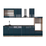 Cucina componibile Fame-Line Blu scuro lucido/Rovere dorato 300 cm con armadio alto, PL Antracite Vicco