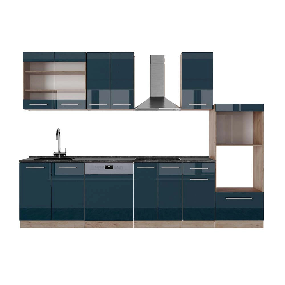 Cucina componibile Fame-Line Blu scuro lucido/Rovere dorato 300 cm con armadio alto, PL Antracite Vicco