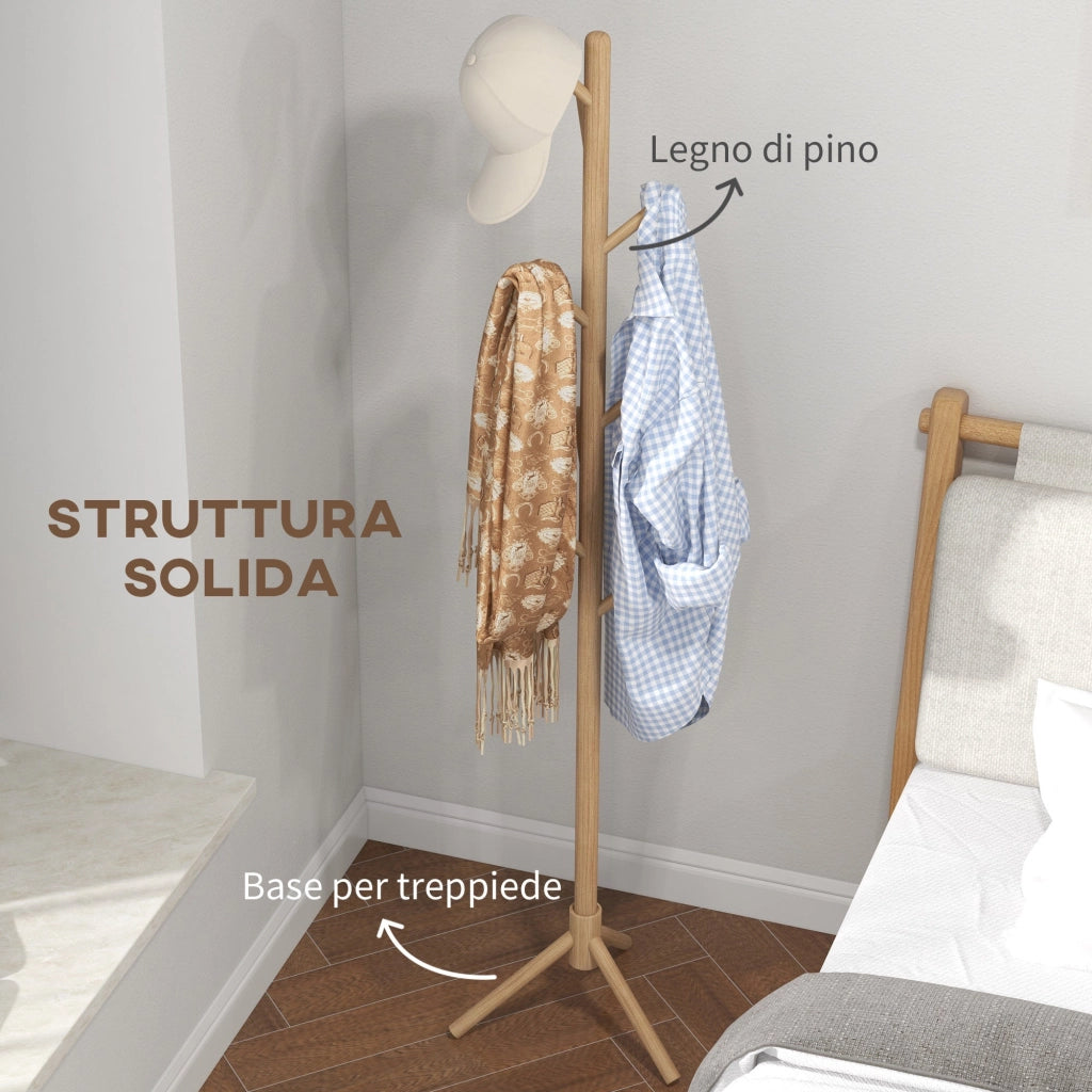 Appendiabiti da Terra in Legno di Abete a 8 Ganci per Casa e Ufficio 40x40x165 cm Color Legno