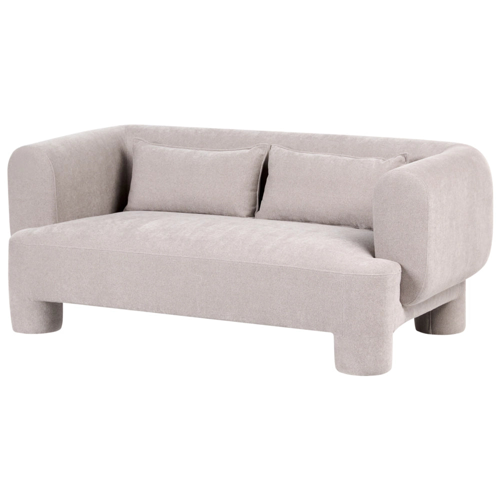 Set da salotto divano a 3 posti, divanetto e poltrona in tessuto beige scuro, dalle linee morbide e curve, in stile retrò minimalista