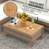 Salotto da Giardino in Rattan PE con Divano 2 Posti, Chaise Longue e Tavolino da Caffè, Crema