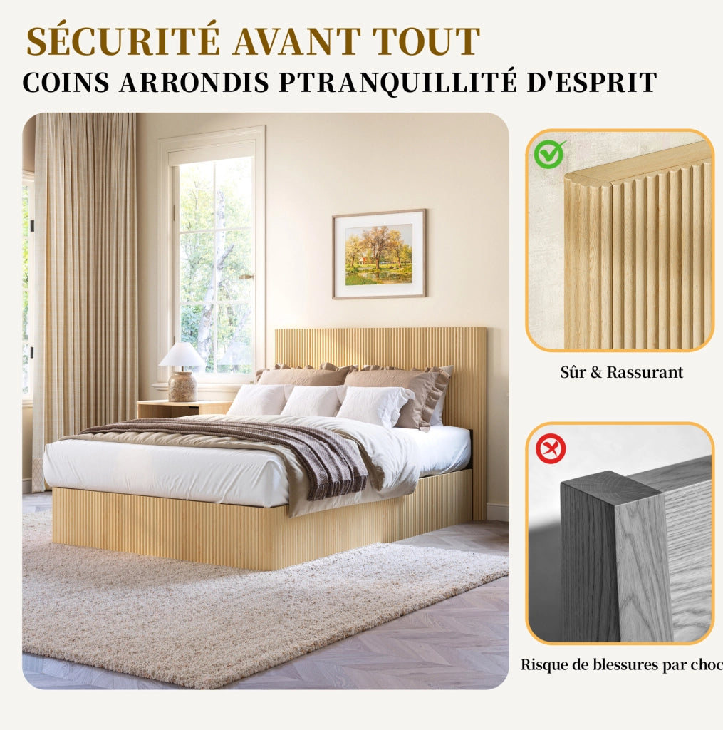 Letto contenitore 140 x 200 cm con sollevamento idraulico; MDF e metallo; rovere chiaro