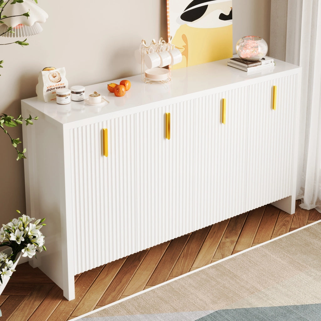Madia con 4 Ante e Ripiani Regolabili; Maniglie Dorate; Stile Moderno; in Pannelli Truciolari; 140??38??80 cm; Bianco