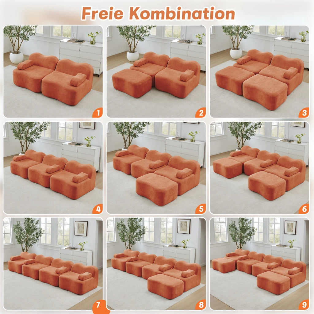 Divano angolare modulare 384x167x70 cm in velluto arancione con pouf collegabile