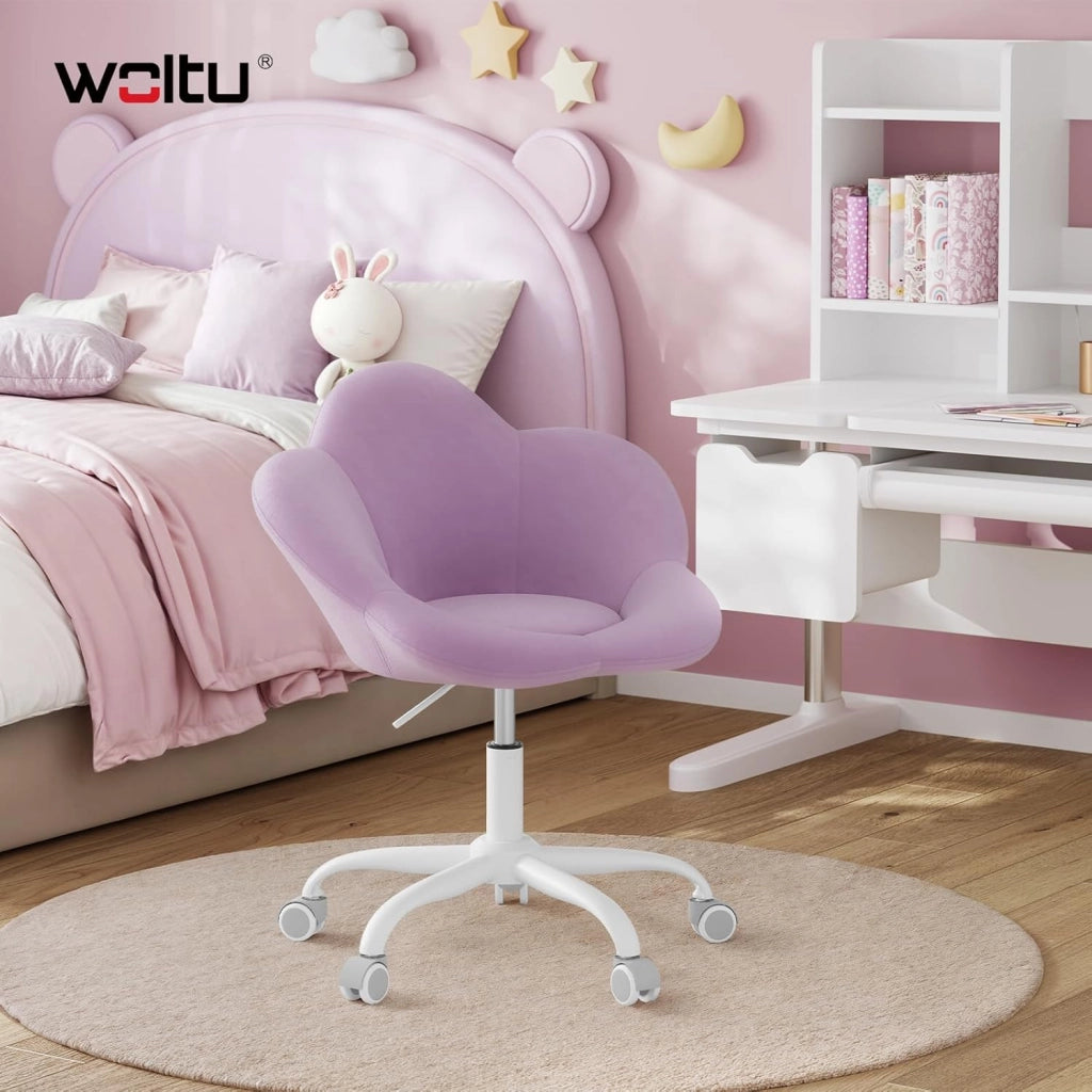 Sedia da Scrivania per Bambini, Sedia Ufficio Ergonomica Girevole e Regolabile in Altezza con Rotelle, Seduta a Forma di Fiore per Studio, Camera da Letto, Velluto, Viola Pastello