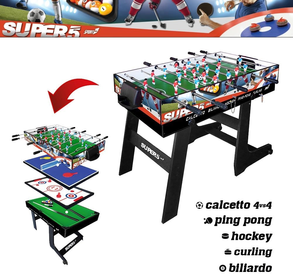 Calcio Balilla Pieghevole Tavolo Multigioco Bambini 5 in 1 Calcio Balilla, Biliardo, Ping Pong, Hockey e Curling - Dimen