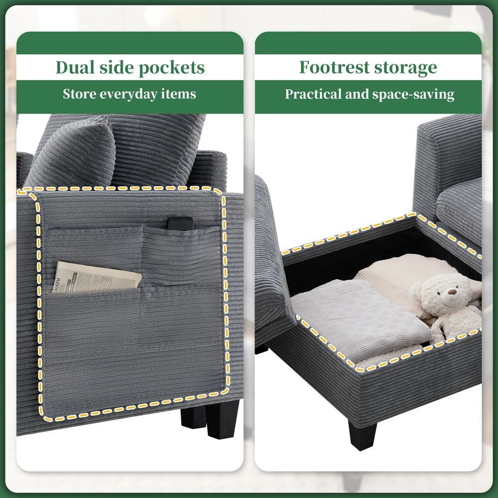 Divano angolare a L - Xylo - Velluto, console con USB, ripostiglio, grigio