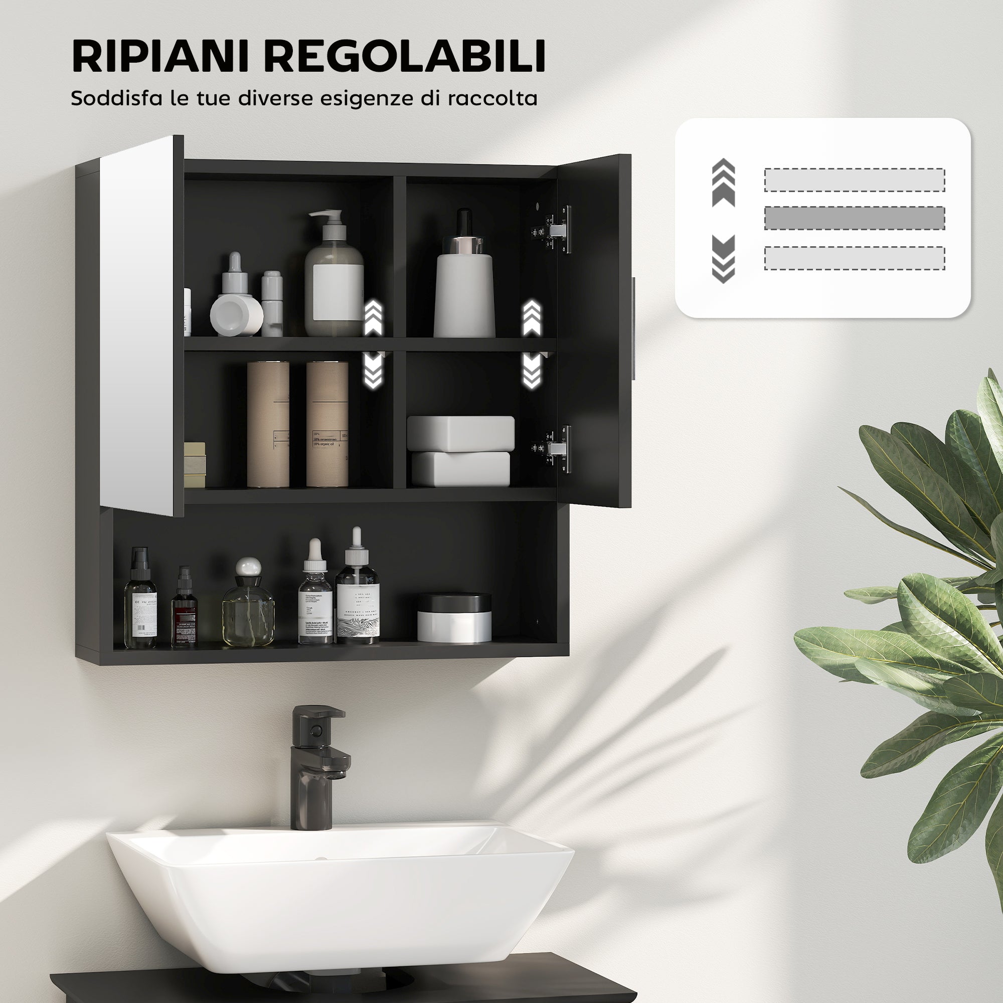 Armadietto a Specchio per Bagno 54x15,2x55,3 cm con Ripiano Aperto in Legno Nero