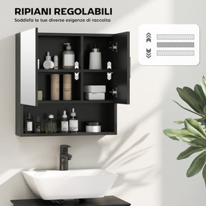 Armadietto a Specchio per Bagno 54x15,2x55,3 cm con Ripiano Aperto in Legno Nero