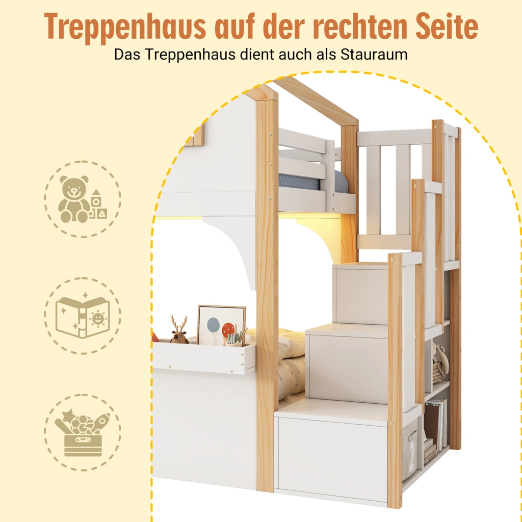 DESMIU Letto a castello per bambini 90 × 200 cm con scala contenitore, finestra e LED, senza materasso, bianco