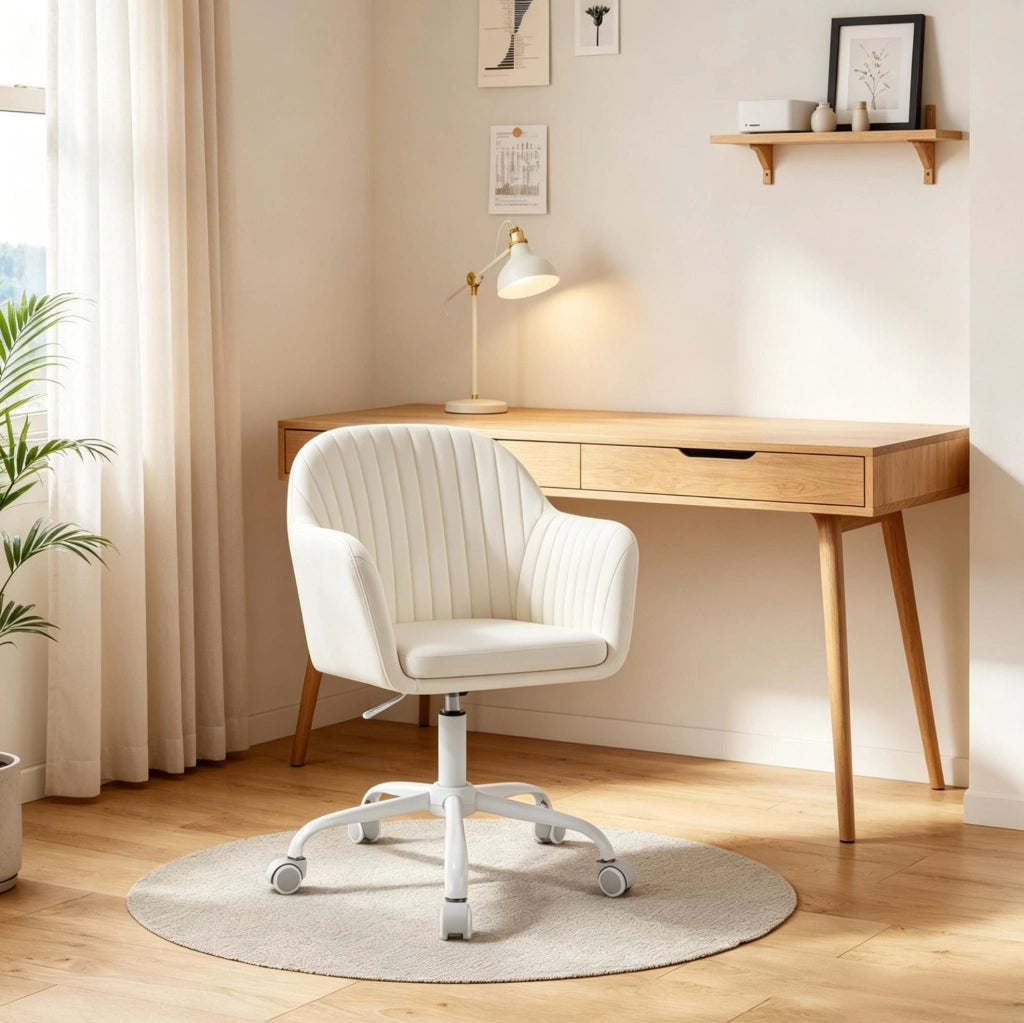 Sedia da ufficio ergonomica in velluto crema con ruote