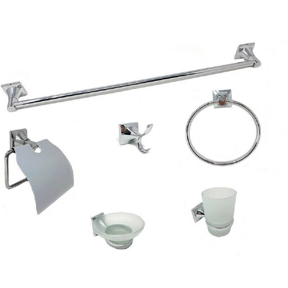 Trade Shop - Set Bagno 6 Accessori Acciaio Vetro Portasaponetta Rotolo Spazzolini Asciugamano -