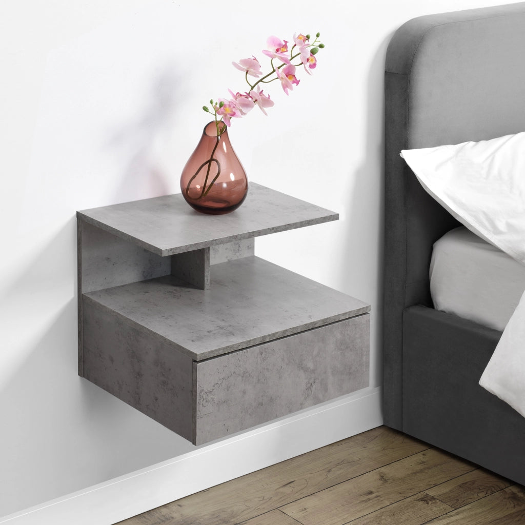 Comodino da Parete Amberg con Cassetto e Ripiani 40x35x31 cm - Effetto Cemento [en.casa]