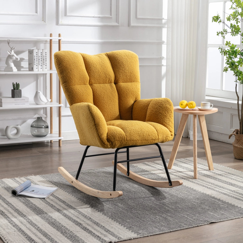 OKWISH Poltrona a Dondolo, Schienale Alto Ergonomico e Braccioli Imbottiti, Base in Legno e Metallo, Teddy Giallo 80 x 70 x 95 cm