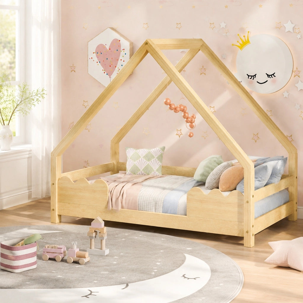 Letto a casetta per bambini 90 × 200 cm con barriera ondulata e rete inclusa, senza materasso, in legno naturale