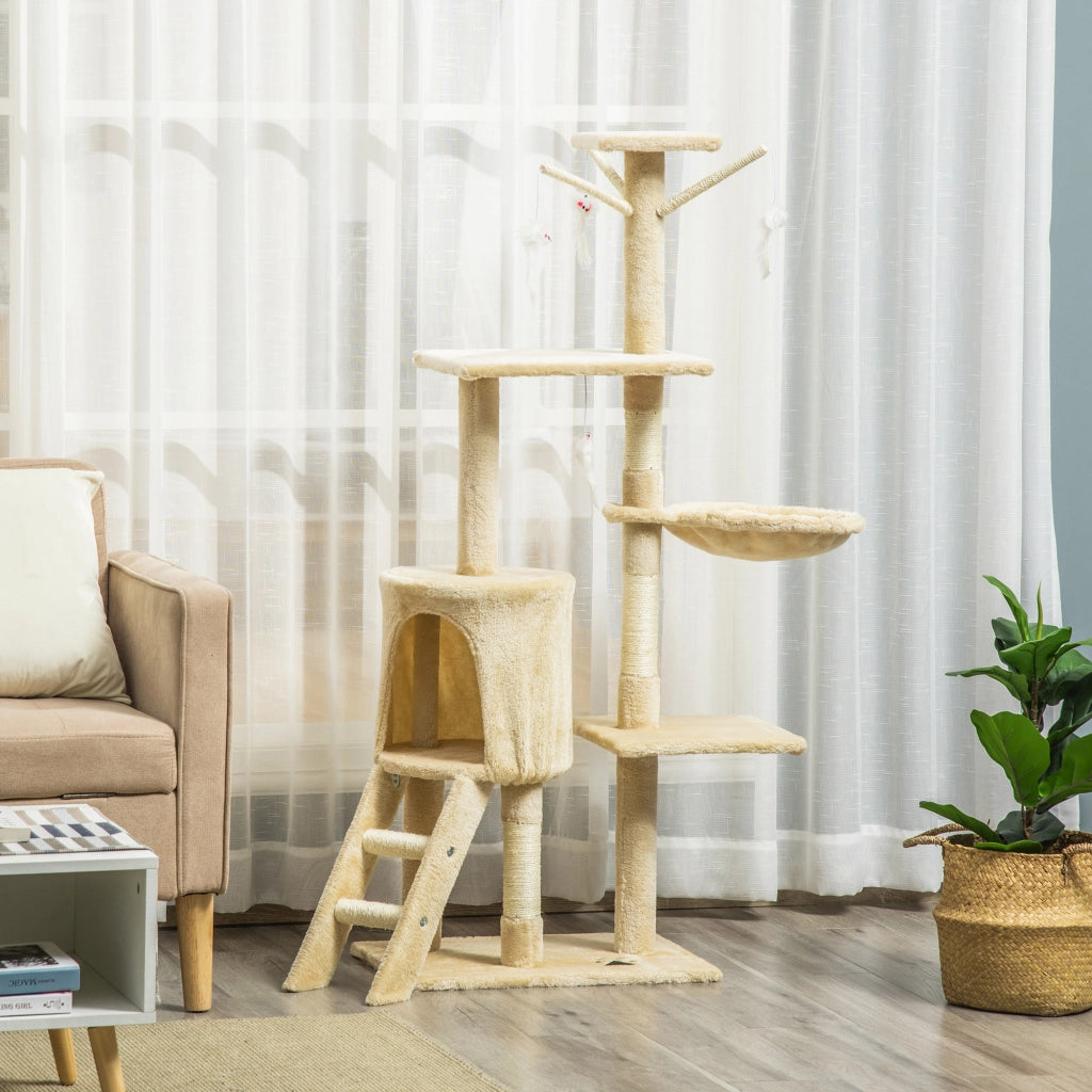 Albero tiragraffi per gatti con 6 posti, 3 piattaforme, tana, amaca, scala e 4 giochi ¨C zephmum ¨C beige, 134 cm