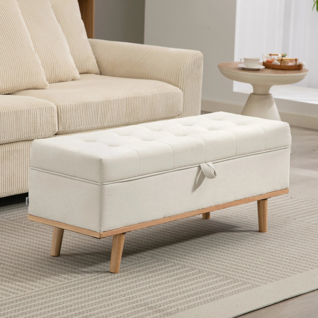 Panca Contenitore Imbottita in Tessuto ¨C zephmum ¨C Crema, 118x42x45 cm