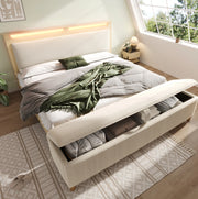 Letto matrimoniale 140x200 cm con LED e panca contenitore; MDF e truciolare; rovere e beige