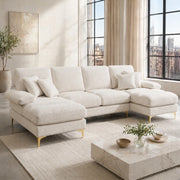 Divano modulare a U in chenille beige con doppia chaise longue, struttura in legno e piedi in metallo dorato