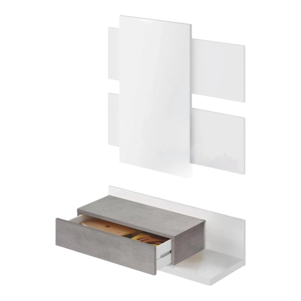 Mobile da ingresso Anro, Entratina sospesa con specchio, Mobile con cassetto per entrata, cm 75x29h90, Bianco e Cemento