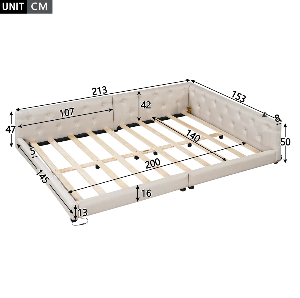 Letto daybed 140x200 cm in lino beige con LED e USB