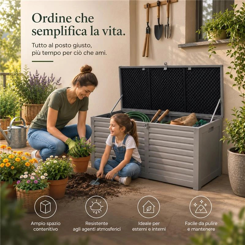 BAULE DA ESTERNO CASSAPANCA BOX CONTENITORE PORTAOGGETTI PER GIARDINO 390 LT