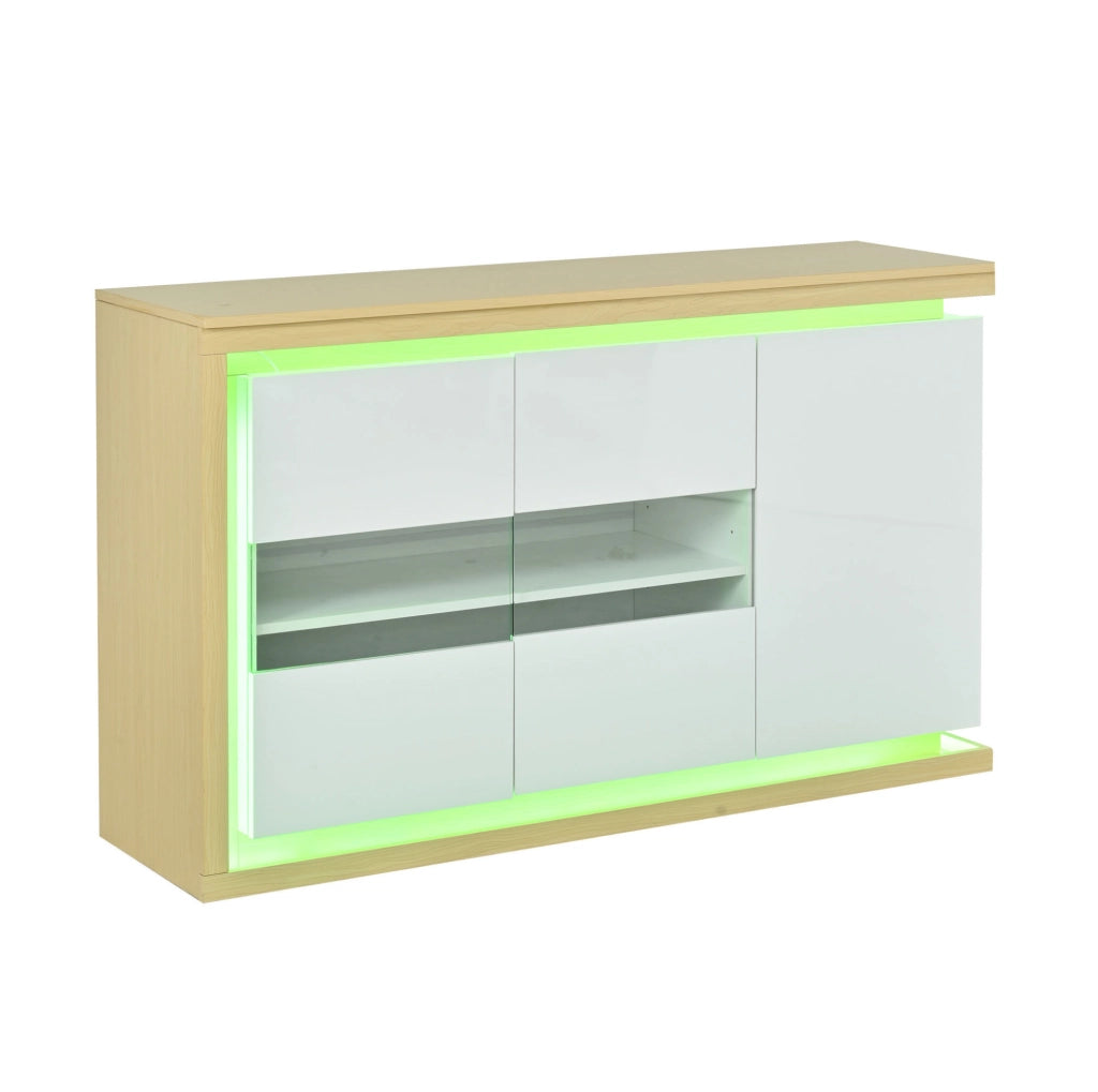 Madia bianca 140 x 40 x 84 cm con 3 ante; LED; vetro temperato e divisori regolabili