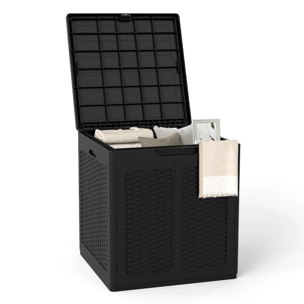 Cassapanca per esterno in plastica resistente a tutte le intemperie per attrezzi da giardino-Contenitore da esterno da 145 L con motivo rattan Nero
