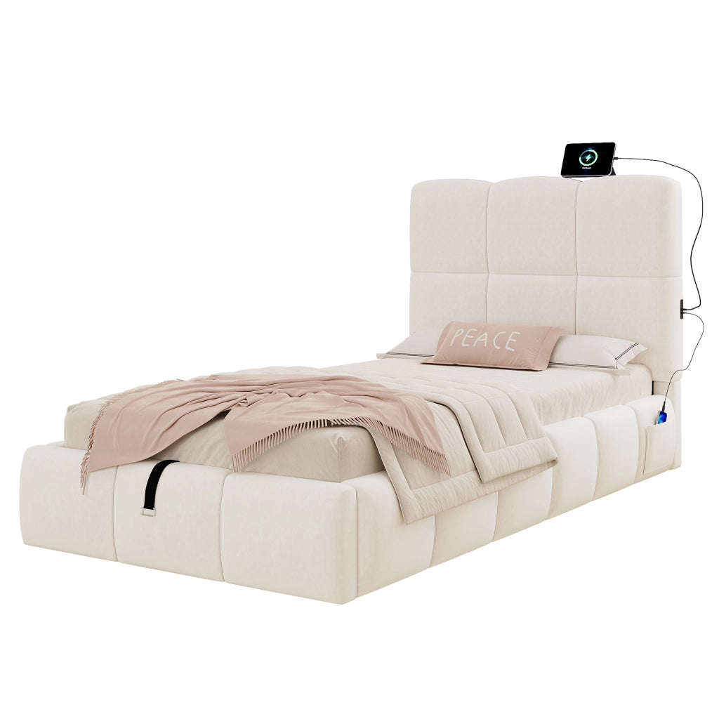 Letto Singolo 90 x 200 cm con Contenitore; USB e Type-C; in Velluto Beige