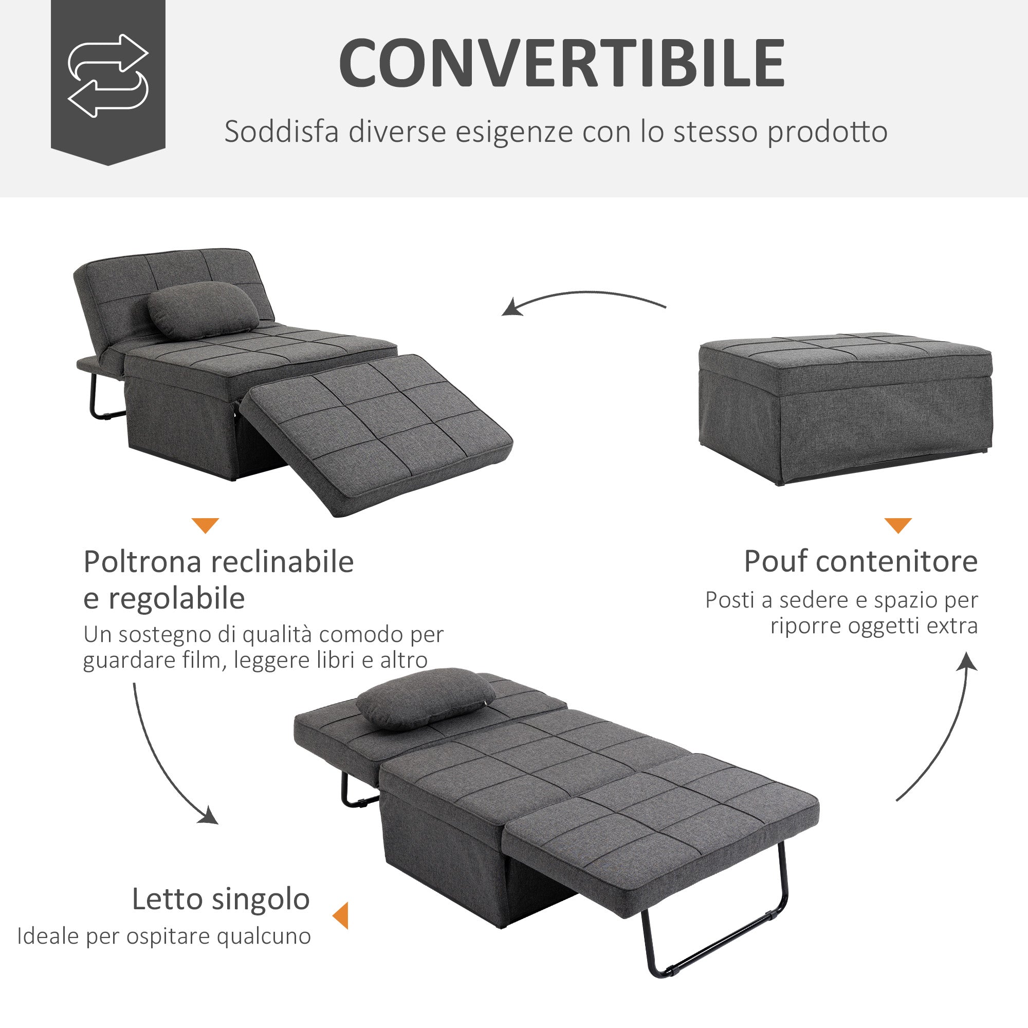 Pouf Letto Poltrona Schienale Reclinabile 95x179x78 cm in Tessuto Effetto Lino Grigio