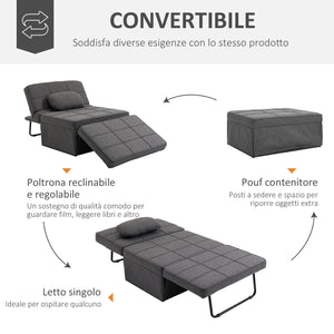 Pouf Letto Poltrona Schienale Reclinabile 95x179x78 cm in Tessuto Effetto Lino Grigio