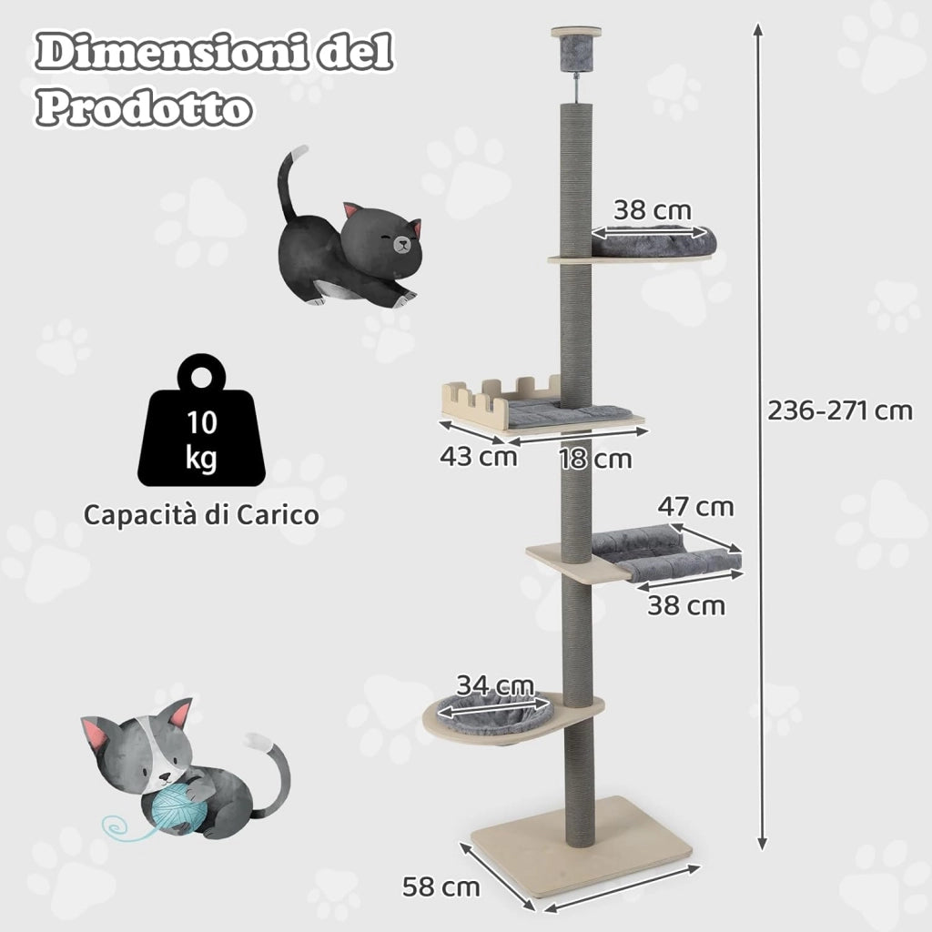 Albero per Gatti da Interno, Tiragraffi per Gatti Regolabile in Altezza da 236 a 271 cm con Piattaforma, Cesta Letto e Tiragraffi, Mobile per Gattini in Legno