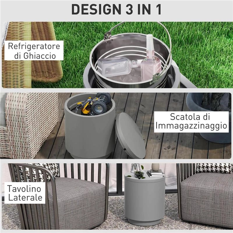 TAVOLINO MULTIUSO CON SECCHIELLO GHIACCIO E COPERCHIO IN CEMENTO E ACCIAIO INOX Ø 37.5X43.5 CM GRIGIO CHIARO