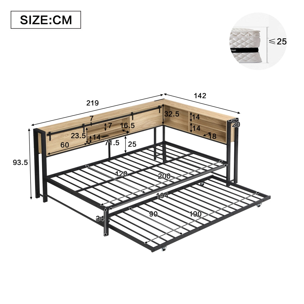 letto metallo legno nero naturale 120 x 200 cm