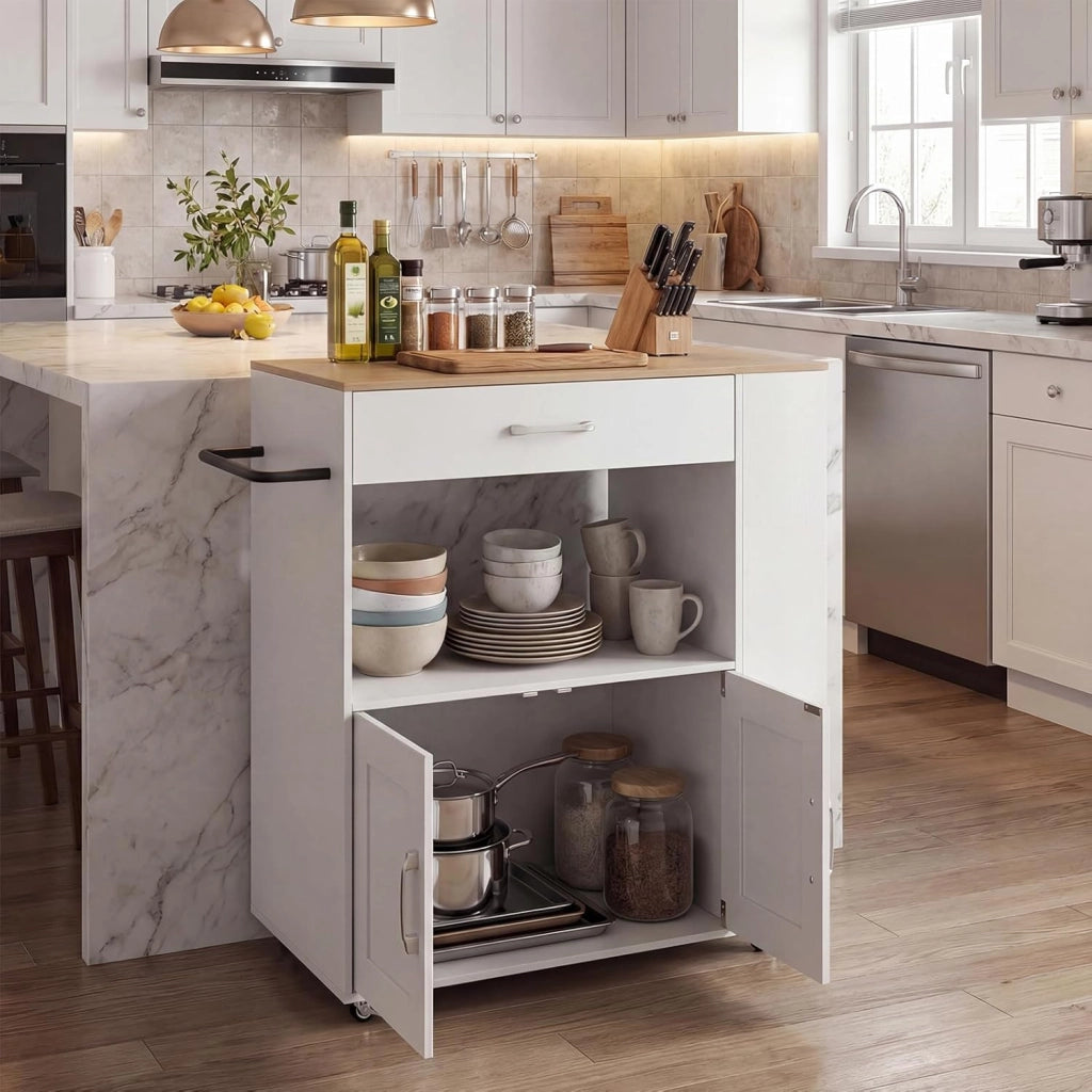 Credenza da Cucina su Ruote, Isola Mobile, Carrello da Servizio con Cassetto e 3 Ripiani, 2 Colori, 75 x 46 x 90,5 cm75 x 46 x 90,5 cm (Bianco)
