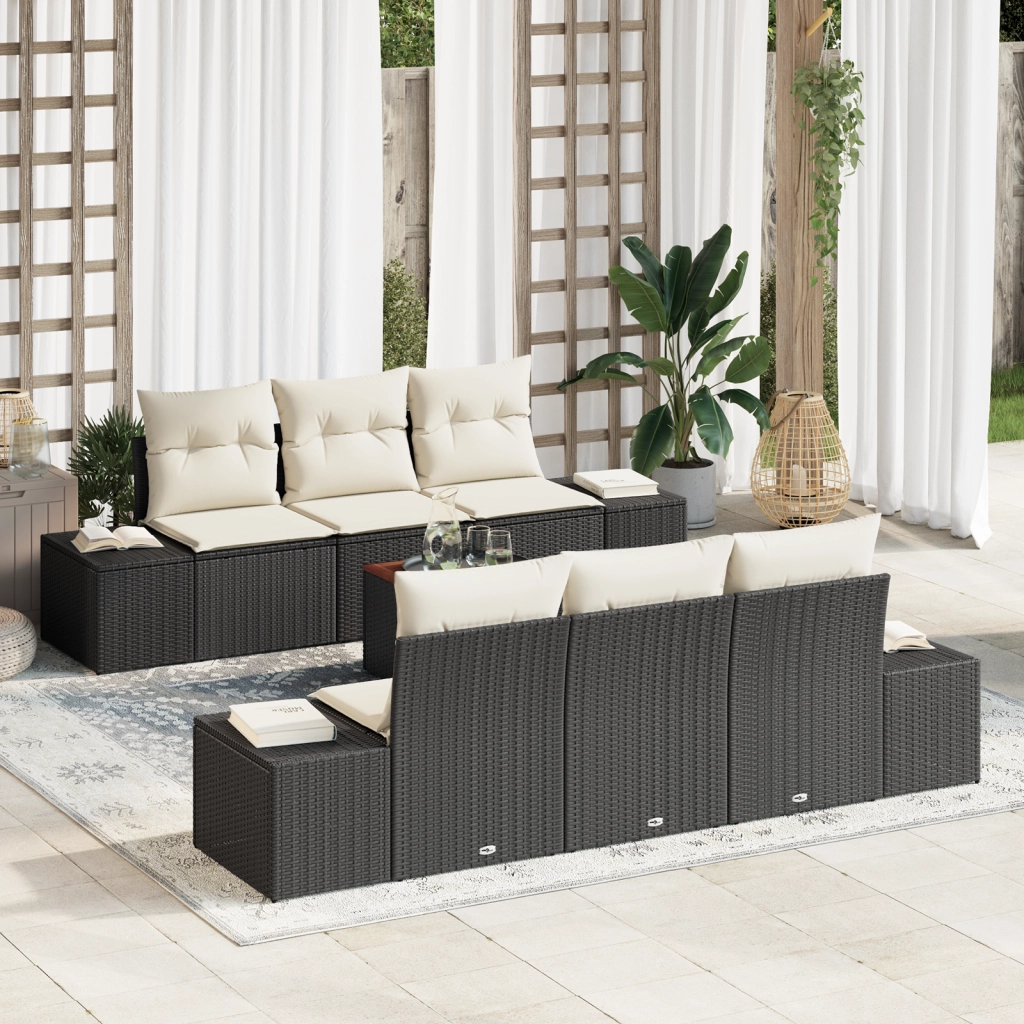 Set di Divani da Giardino in 7 Pezzi con Cuscini Nero Polyrattan Acacia