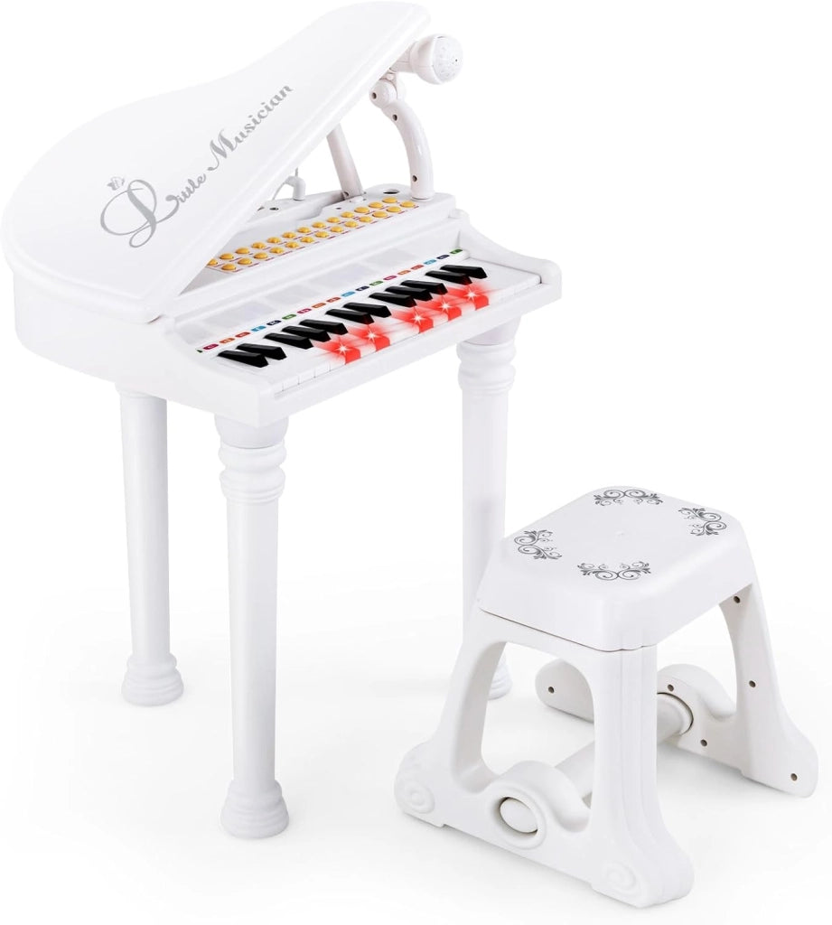 Tastiera Pianoforte a 31 Tasti per Bambini con Microfono e Sgabello, Tasti Giocattolo Portatile con Modalità di Insegnamento a LED, Pianoforte a Coda per Bambini 3+ Anni (Nero)