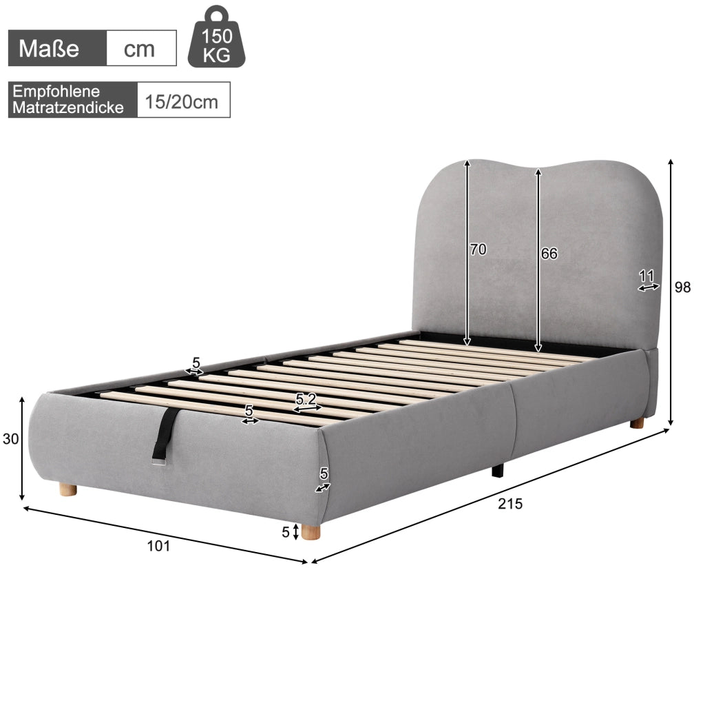 Letto imbottito per bambino con contenitore idraulico; tessuto effetto lino grigio