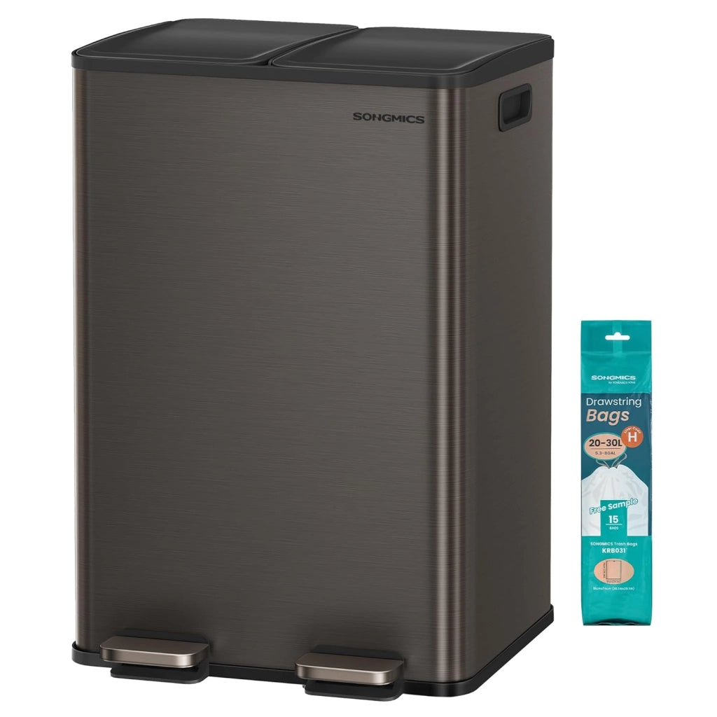 SONGMICS Cestino da Cucina, 2 x 30 L, 2 Scomparti, Pattumiera a Pedale con Coperchio a Chiusura Morbida e Secchio Interno, Acciaio Inossidabile, 15 Sacchi Inclusi, Grigio Ardesia LTB741G01