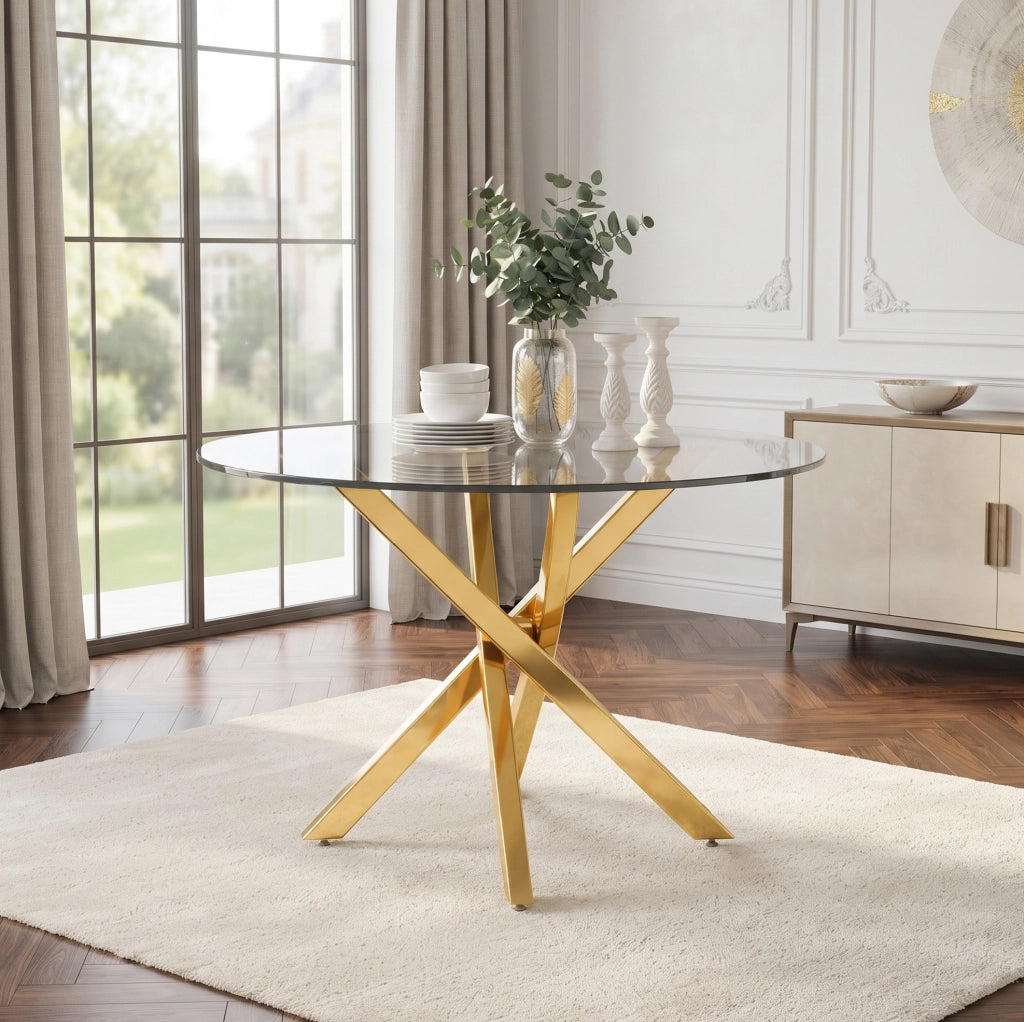 Tavolo rotondo 80x80x75 cm con piano in vetro temperato e gambe incrociate in metallo; oro