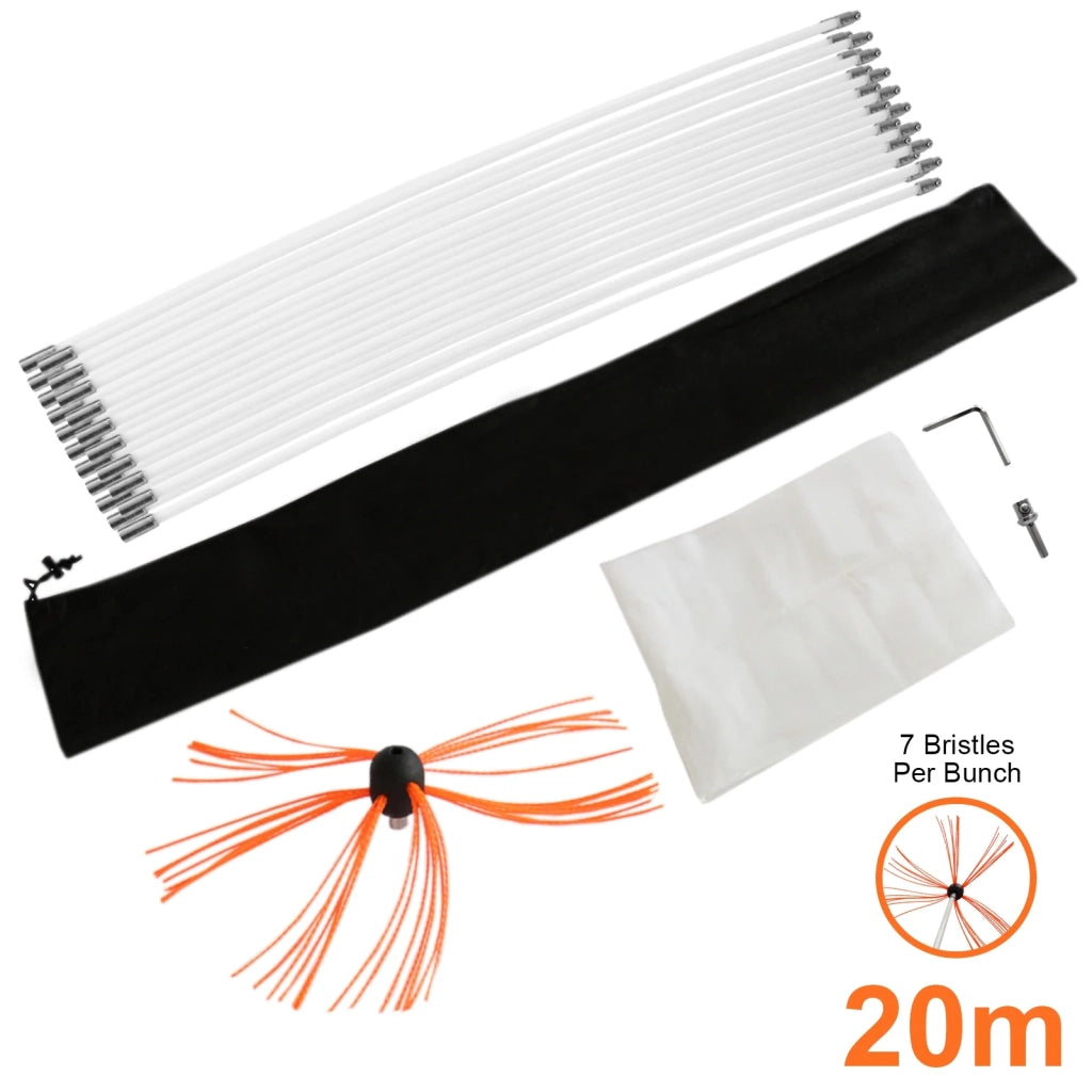 Scovolo Spazzacamino per Trapani Avvitatori con Adattatore Spazzola Camino Canna Fumaria Ciminiera Asta Nylon Flessibile con 6 Spazzole da 7 Setole - 20m