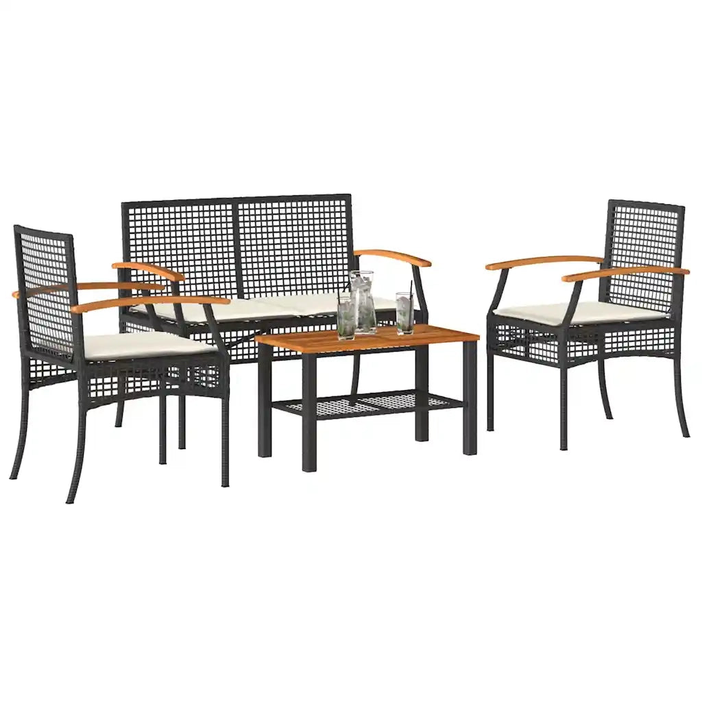 Set Divani da Giardino 4 pz | Set Salotto da Giardino con Cuscini Nero in Polyrattan