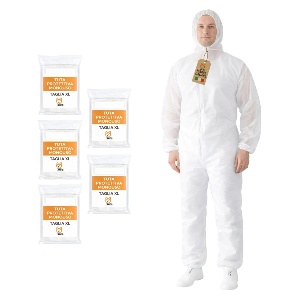 Akitaink Tuta Monouso in PP con Cappuccio e Zip 5 Pz Taglia XL