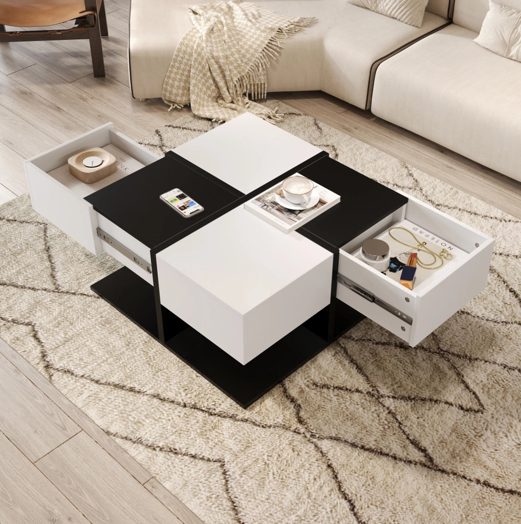 Tavolino da caffè 70x70x35.5 cm con 2 cassetti; spazio nascosto; in truciolare nero e bianco