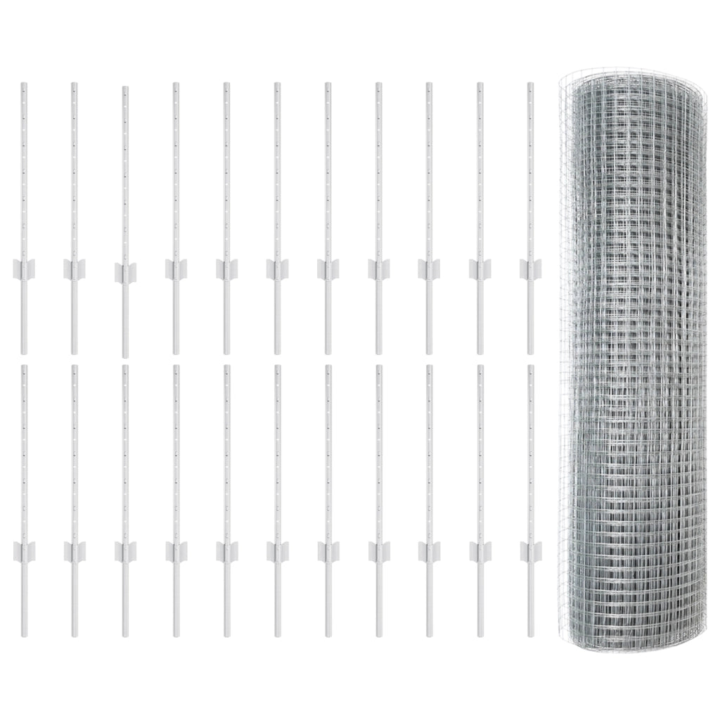 Recinzione in Rete Saldata con 22 Post in Acciaio Argento 0.5x50 m