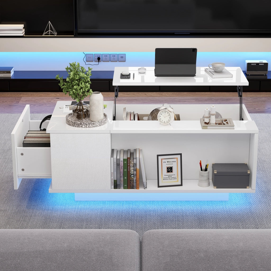 Tavolino da caff¨¨ 100x50x40 cm con piano sollevabile, vano nascosto, cassetto laterale e luce LED Bluetooth, bianco