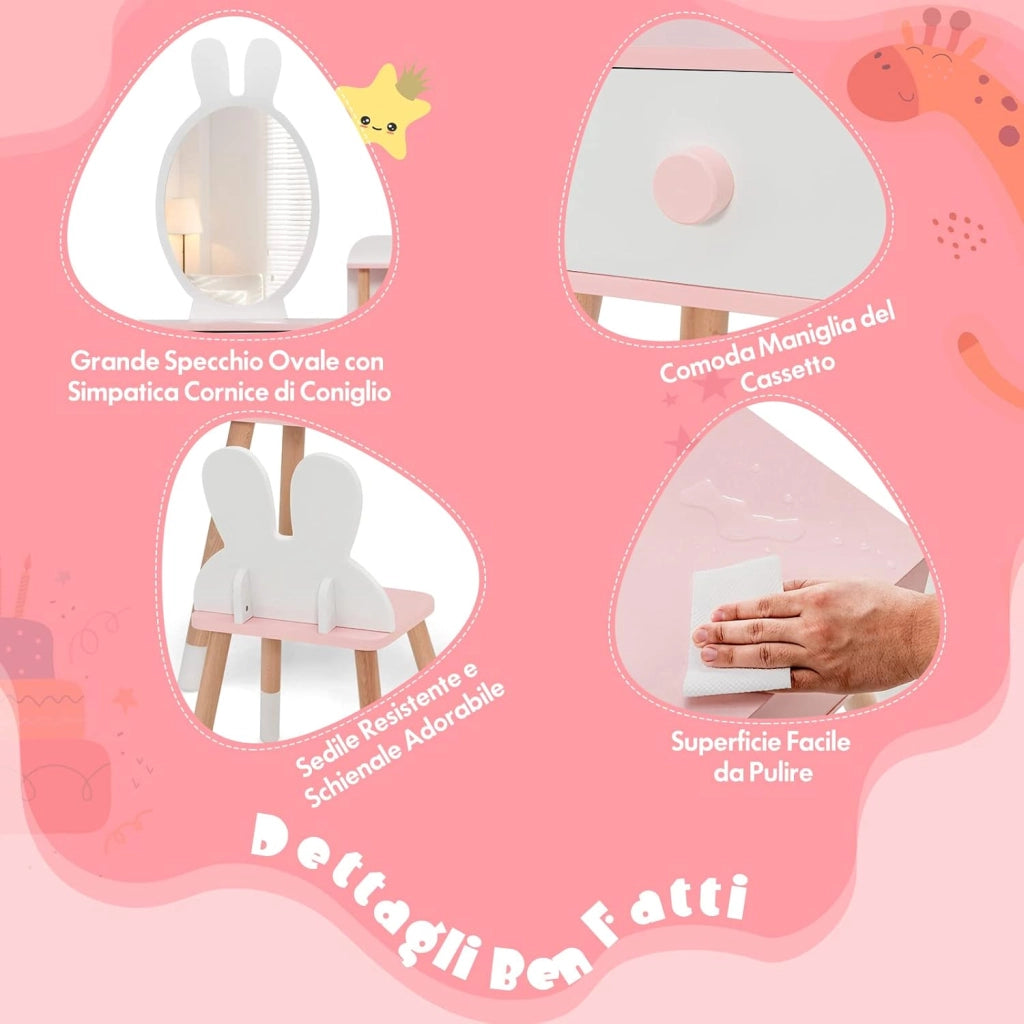 Toeletta Trucco 2 in 1 per Bambina, Specchiera a Forma di Coniglio Staccabile per Ragazza in Legno con Sgabello, Ripiano e 2 Cassetti, Postazione Trucco, 78 x 37 x 110cm (Bianco)