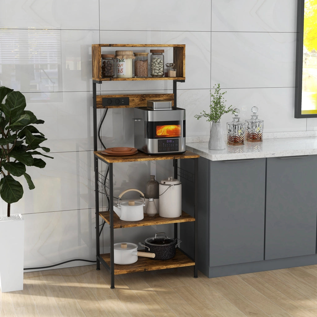 Scaffale Cucina con Multipresa, Ripiani e Ganci Stile Industriale, 60x42x153cm, Marrone