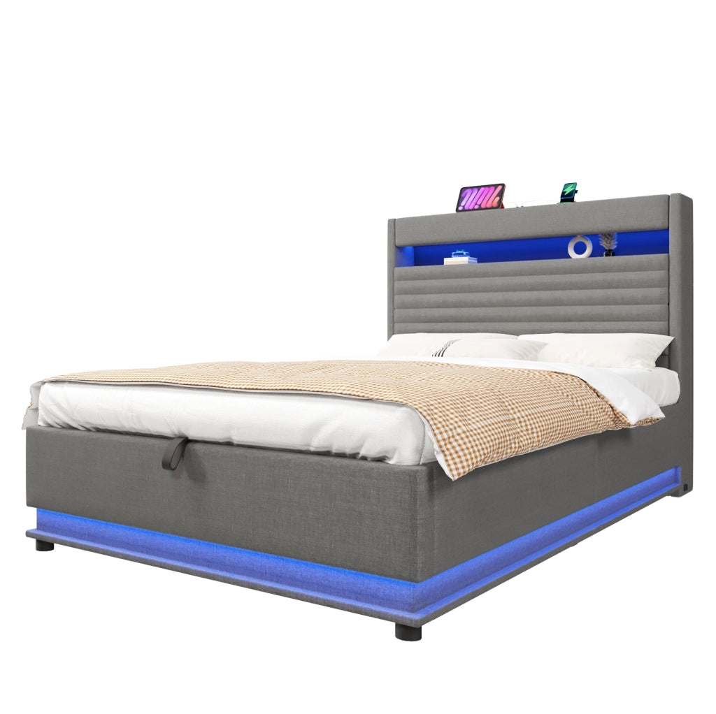 Letto matrimoniale contenitore 140x200 cm in lino grigio con LED; USB e USB-C